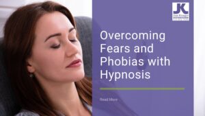 A woman undergoing a hypnosis session with the business logo, blog title, and read more option.