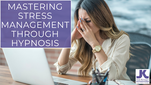 A woman pinches the bridge of her nose for stress relief, with the blog title in the top corner.